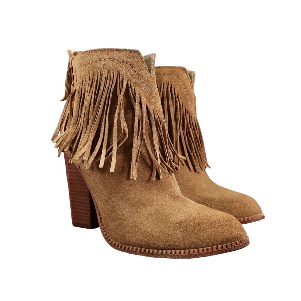 Cynthia Vincent Shoes Womens 9 Booties Fringe Leather Block Heel Fashion Western